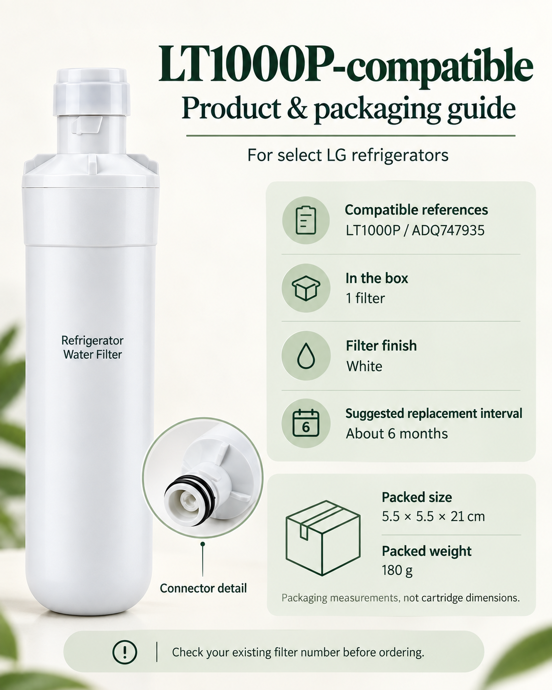 LT1000P compatible cartridge, included filter and shipping package measurements
